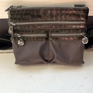 BRIGHTON - Gray Micro fiber, leather and silver hardware cross body bag